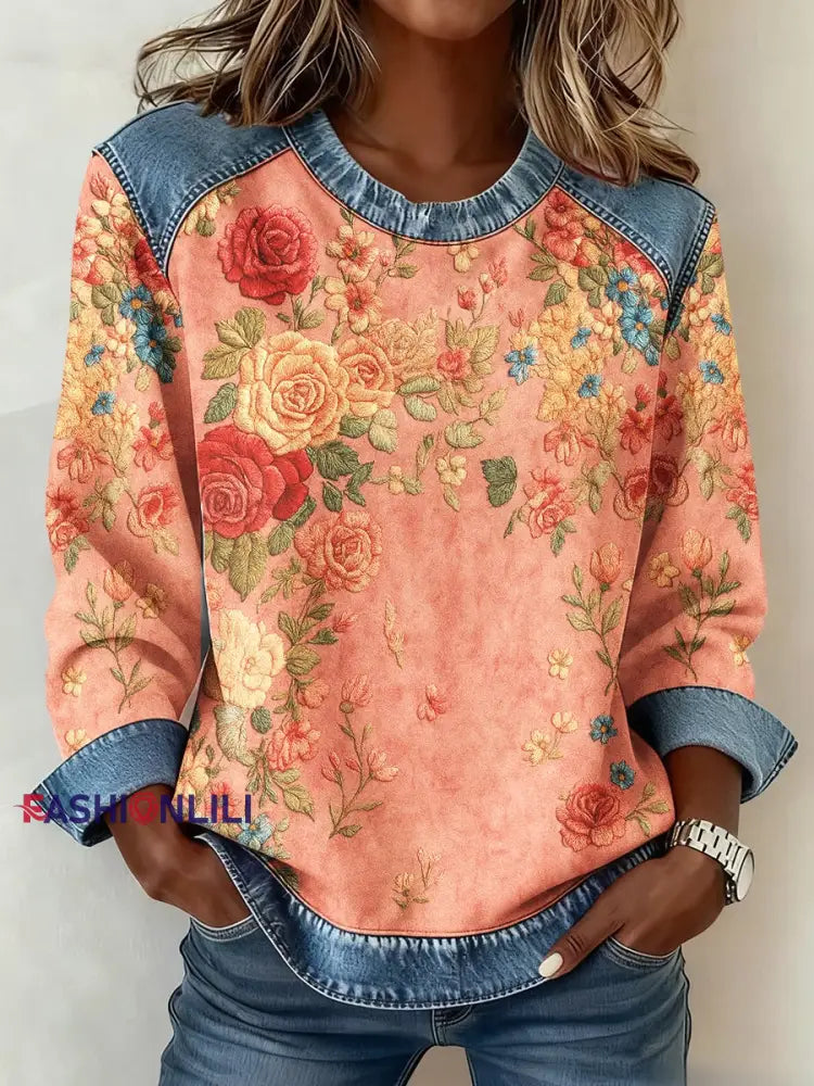 Women’s Breast Cancer Awareness Floral 3D Print Denim Sweatshirt Pink / S