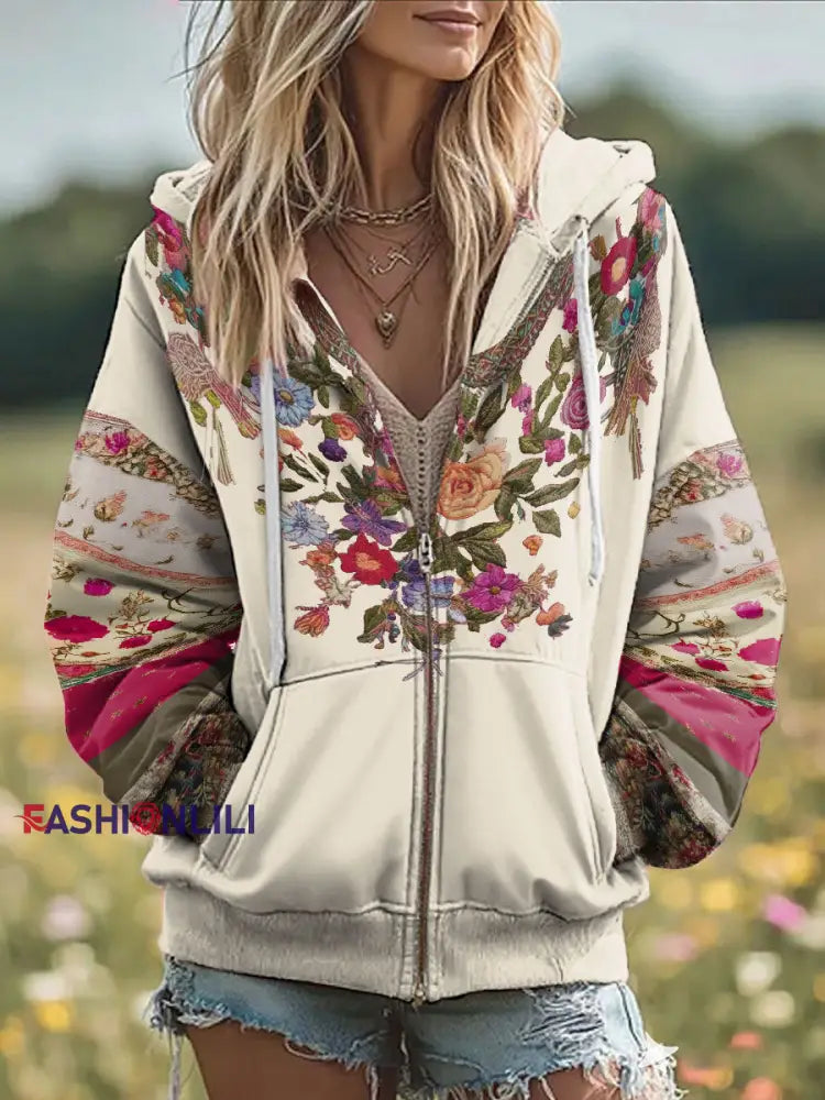 Women’s Breast Cancer Awareness Floral Printed Zip-Up Coat Apricot / S