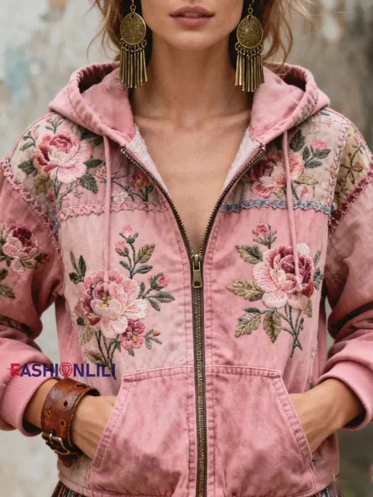 Women’s Breast Cancer Awareness Floral Printed Zip-Up Coat Pink / S