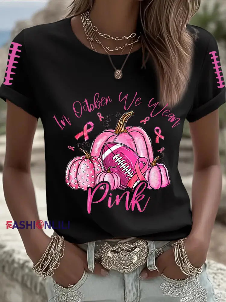 Women’s Breast Cancer Awareness Football Pink Out Pink Ribbon Print T shirt Black / S