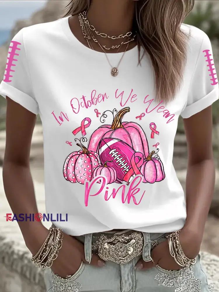 Women’s Breast Cancer Awareness Football Pink Out Pink Ribbon Print T shirt White / S