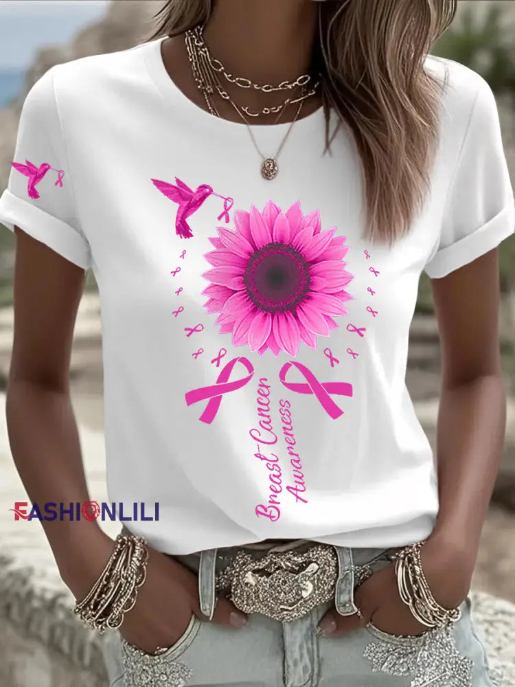 Women’s Breast Cancer Awareness Hummingbird Sunflower Pink Ribbon Short Sleeve T shirt White / S