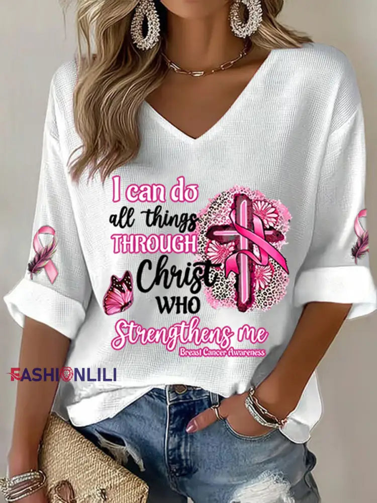 Women’s Breast Cancer Awareness I Can Do All Things Through Christ Pink Ribbon Waffle T shirt