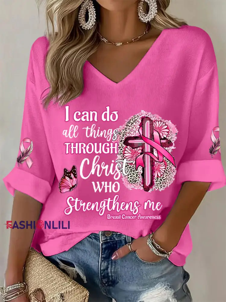 Women’s Breast Cancer Awareness I Can Do All Things Through Christ Pink Ribbon Waffle T shirt Rose Red / S