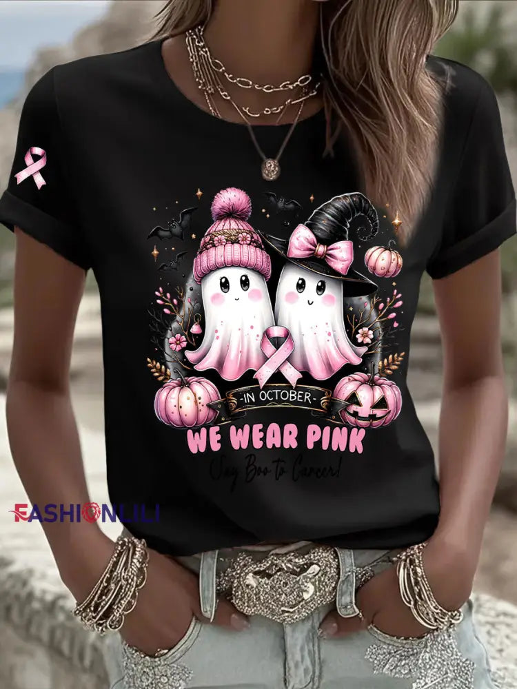 Women’s Breast Cancer Awareness In October We Wear Pink Print Casual T Shirt Black / S