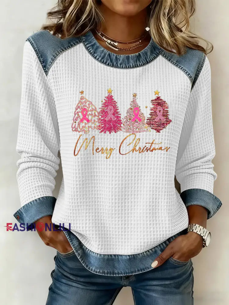Women’s Breast Cancer Awareness Merry Christmas Christmas Tree Print Casual Top White / S