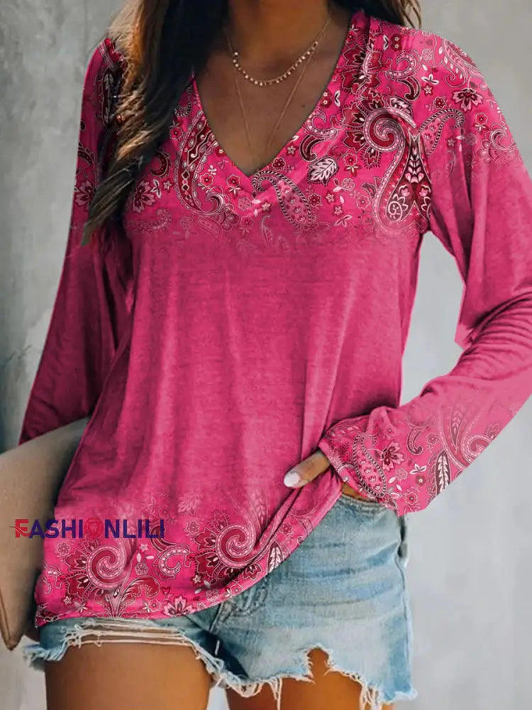 Women’s Breast Cancer Awareness Paisley Print Casual T-shirt As picture / S