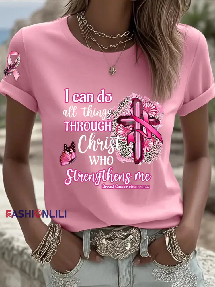 Women’s Breast Cancer Awareness Pink Ribbon Faith Cross Short Sleeve T shirt Pink / S
