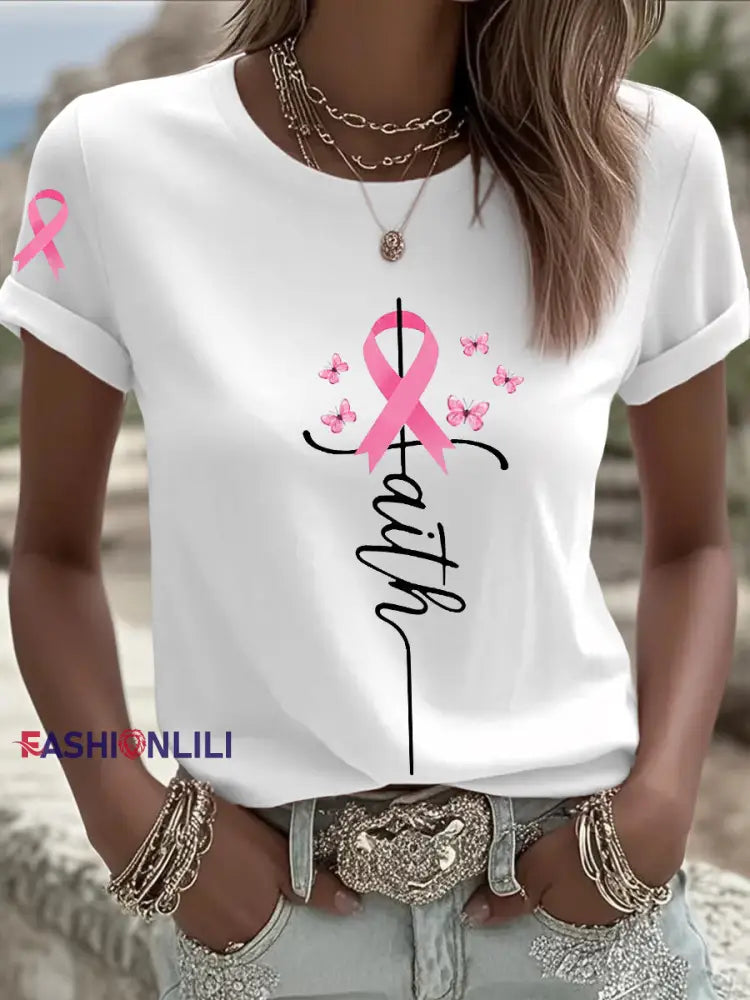 Women’s Breast Cancer Awareness Pink Ribbon Faith Short Sleeve T shirt White / S