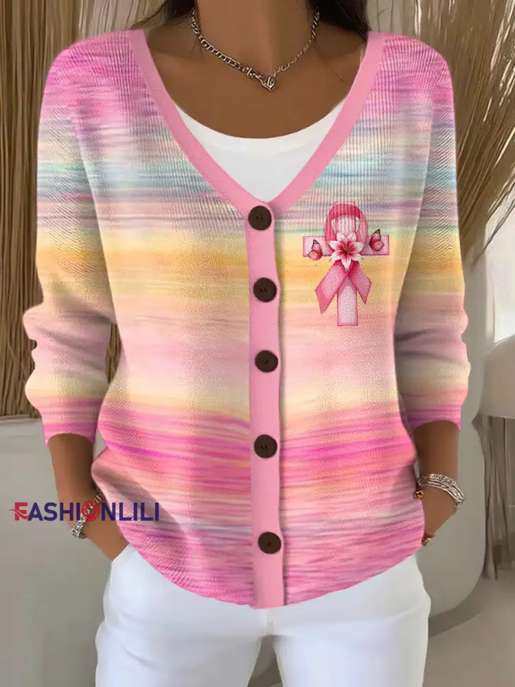 Women’s Breast Cancer Awareness Pink Ribbon Print Casual Cardigan Pink / S