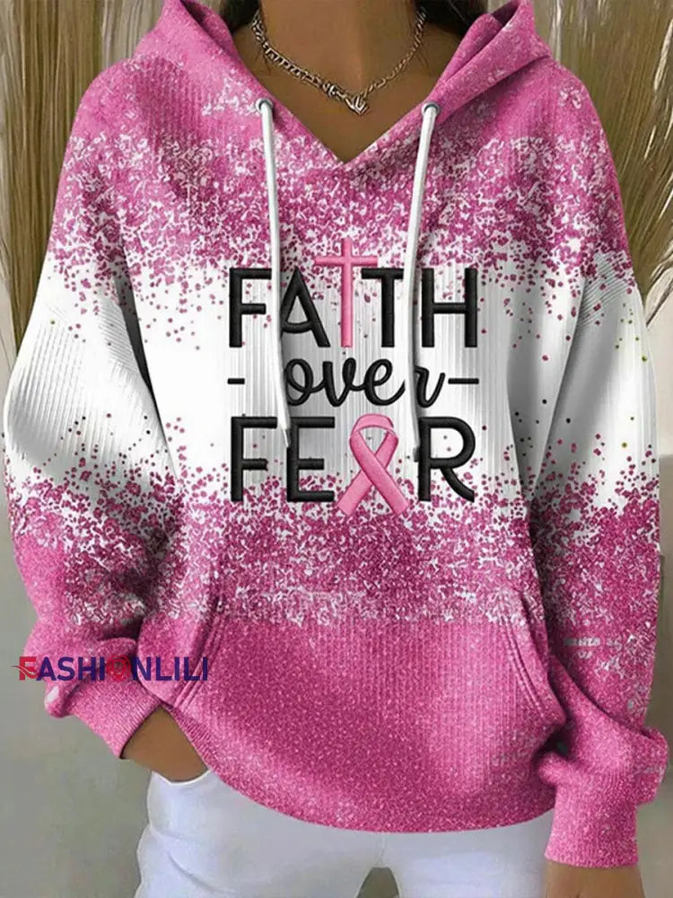Women’s Breast Cancer Awareness Pink Ribbon Print Casual Hoodie As picture / S