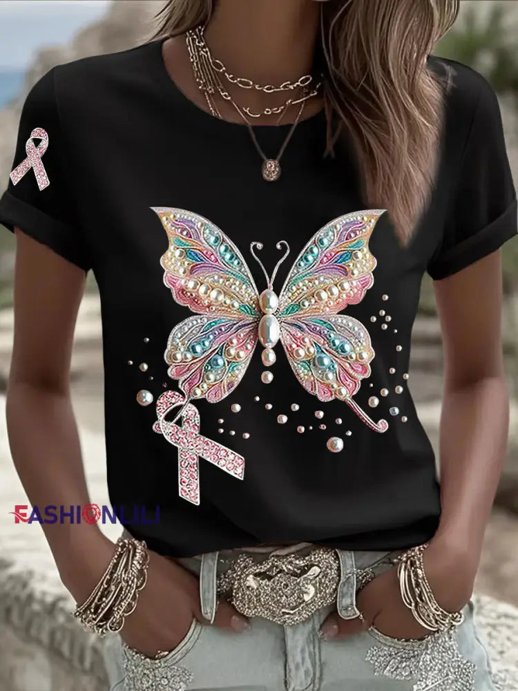 Women’s Breast Cancer Awareness Pink Ribbon Print Casual T shirt Black / S