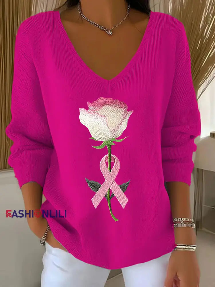Women’s Breast Cancer Awareness Pink Ribbon Print Casual Top Rose Red / S