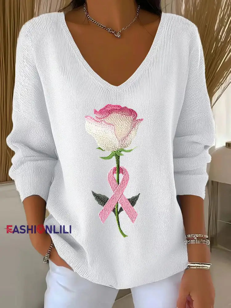 Women’s Breast Cancer Awareness Pink Ribbon Print Casual Top White / S