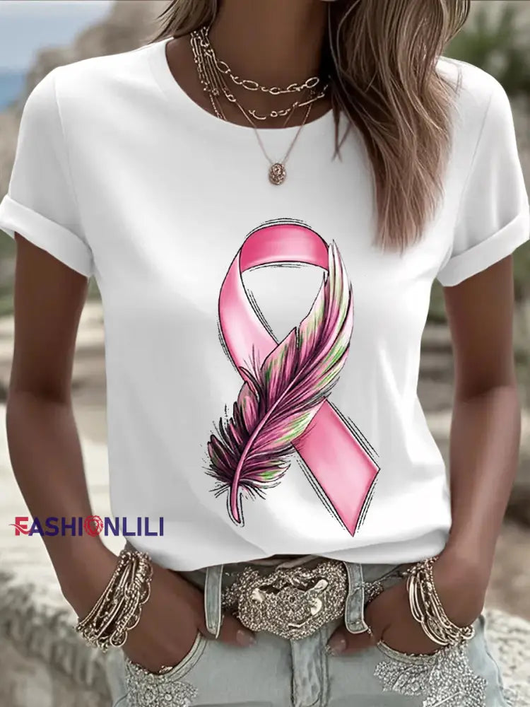 Women’s Breast Cancer Awareness Pink Ribbon Short Sleeve T shirt White / S