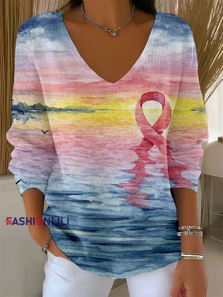 Women’s Breast Cancer Awareness Pink Ribbon V-Neck Tops As picture / S
