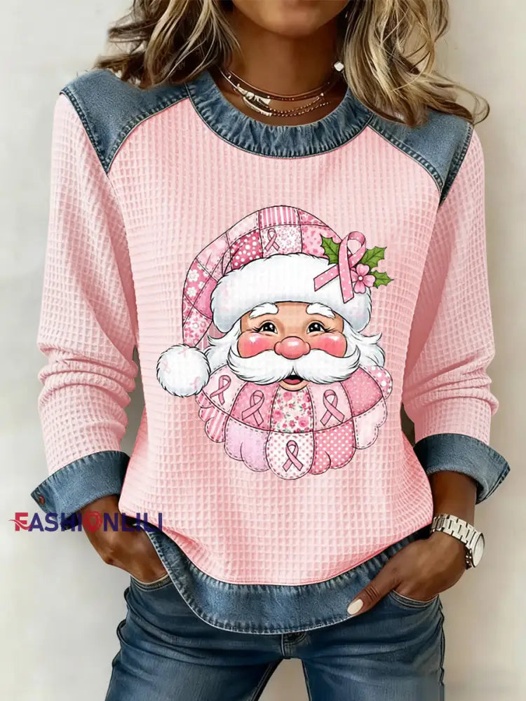 Women’s Breast Cancer Awareness Santa Claus Print Casual Top Pink / S