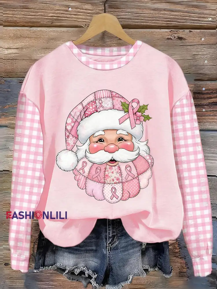 Women’s Breast Cancer Awareness Santa Claus Print Sweatshirt Pink / S