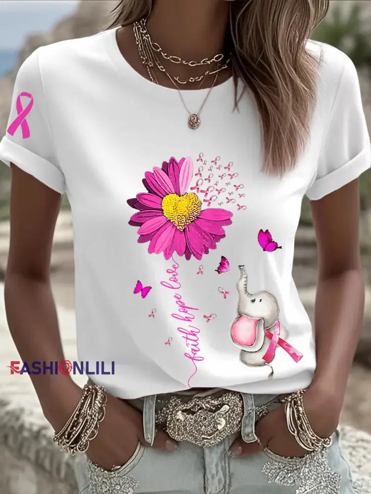 Women’s Breast Cancer Awareness Sunflower Pink Ribbon Short Sleeve T shirt White / S