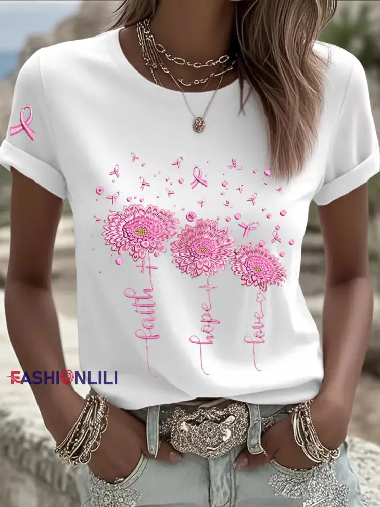 Women’s Breast Cancer Awareness Sunflower Pink Ribbon Short Sleeve T shirt White / S