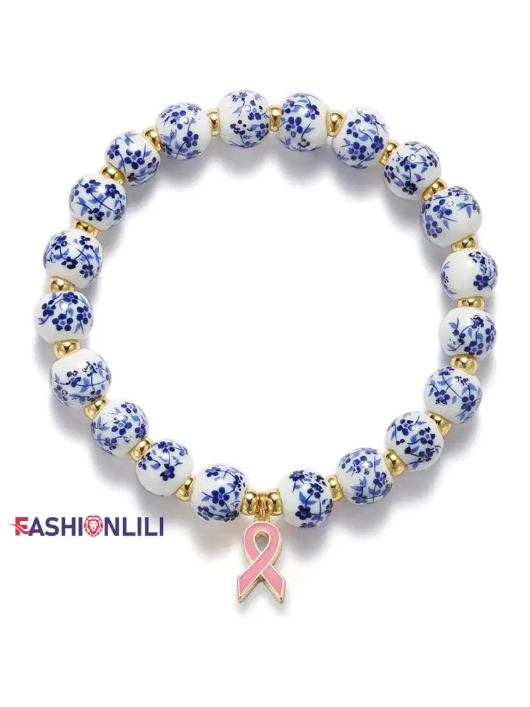 Women’s Breast Cancer Blue and White Porcelain Pink Ribbon Bracelet