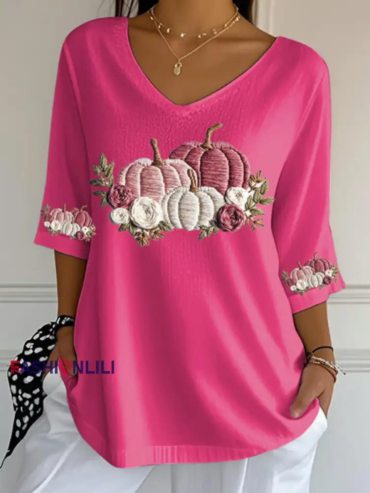 Women’s Breast Cancer Floral Print Casual T Shirt Rose Red / S