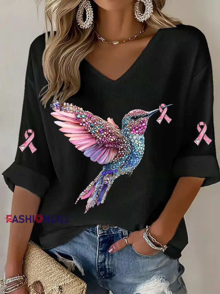 Women’s Breast Cancer Hummingbird Print Casual T shirt Black / S