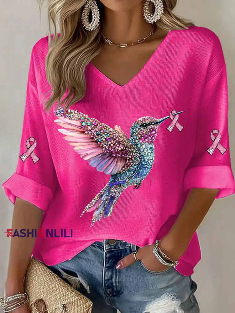 Women’s Breast Cancer Hummingbird Print Casual T shirt Rose Red / S
