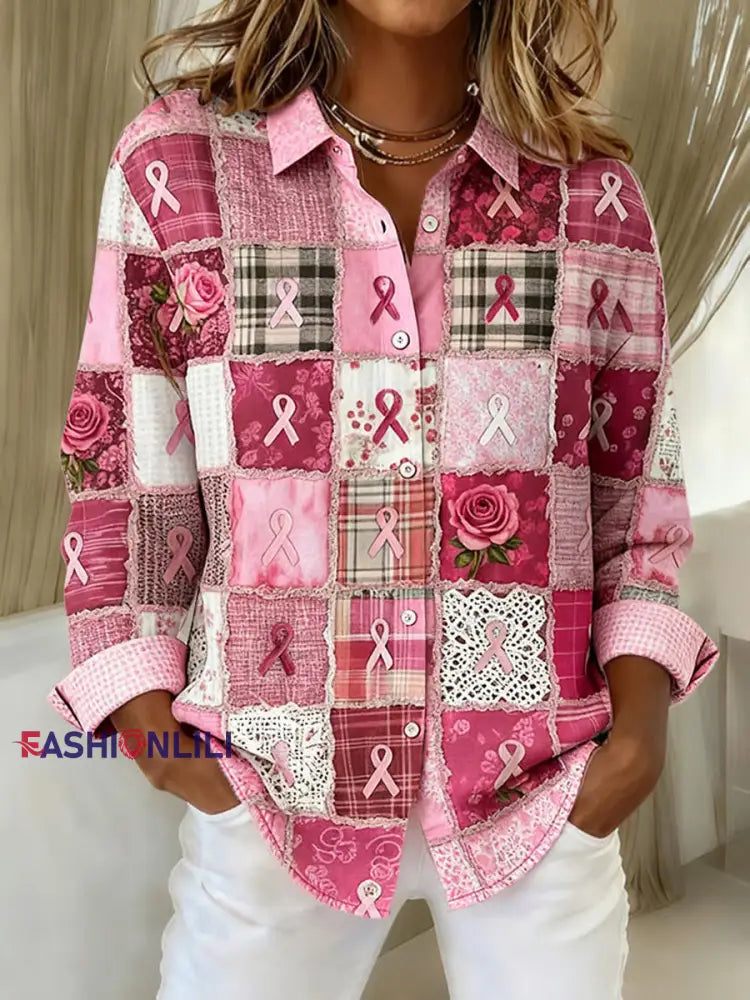Women’s Breast Cancer Patchwork Pink Ribbon Flowers Print Casual Lapel Shirt As picture / S