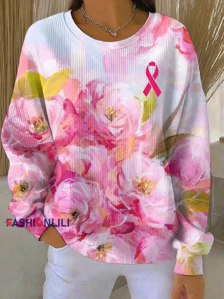 Women’s Breast Cancer Pink Floral Print Casual Sweatshirt As picture / S