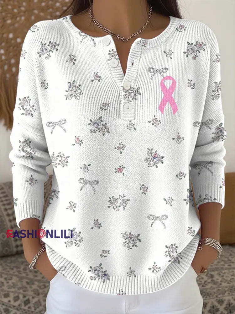 Women’s Breast Cancer Pink Floral Print Knit Top As picture / S