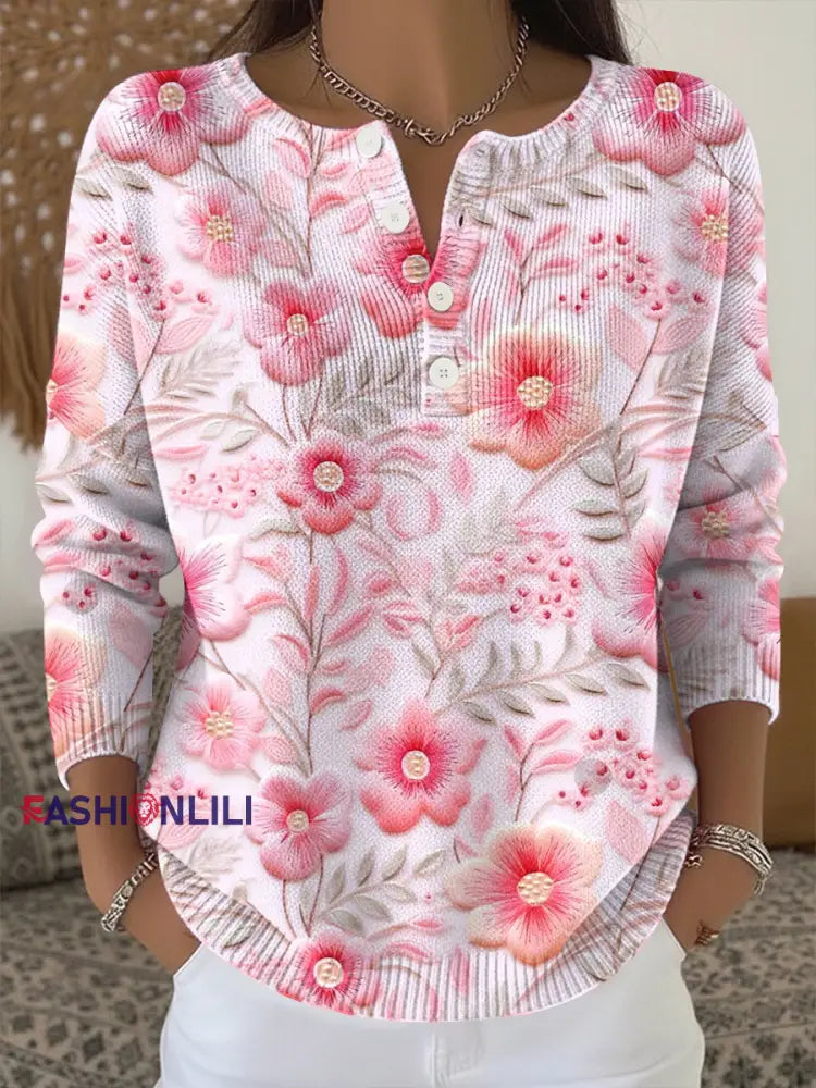 Women’s Breast Cancer Pink Floral Print Knit Top As picture / S