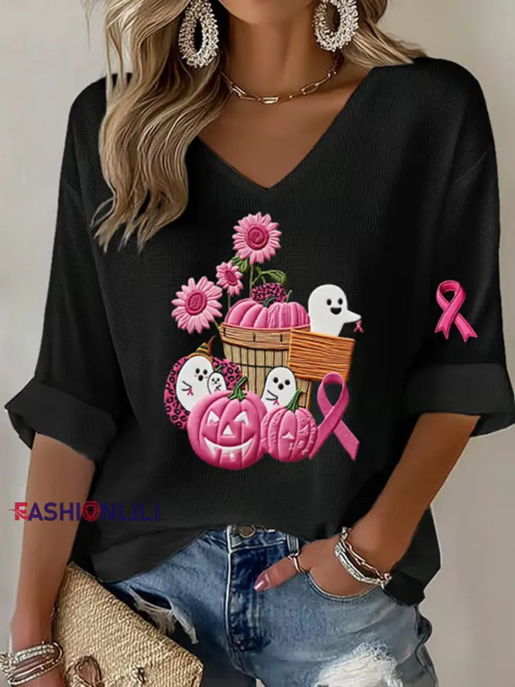 Women’s Breast Cancer Pink Pumpkin Print Casual T shirt Black / S