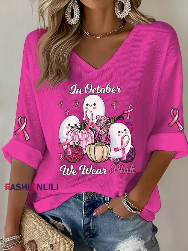 Women’s Breast Cancer Pink Ribbon Pumpkin Ghost Waffle Print Casual T Shirt Rose Red / S