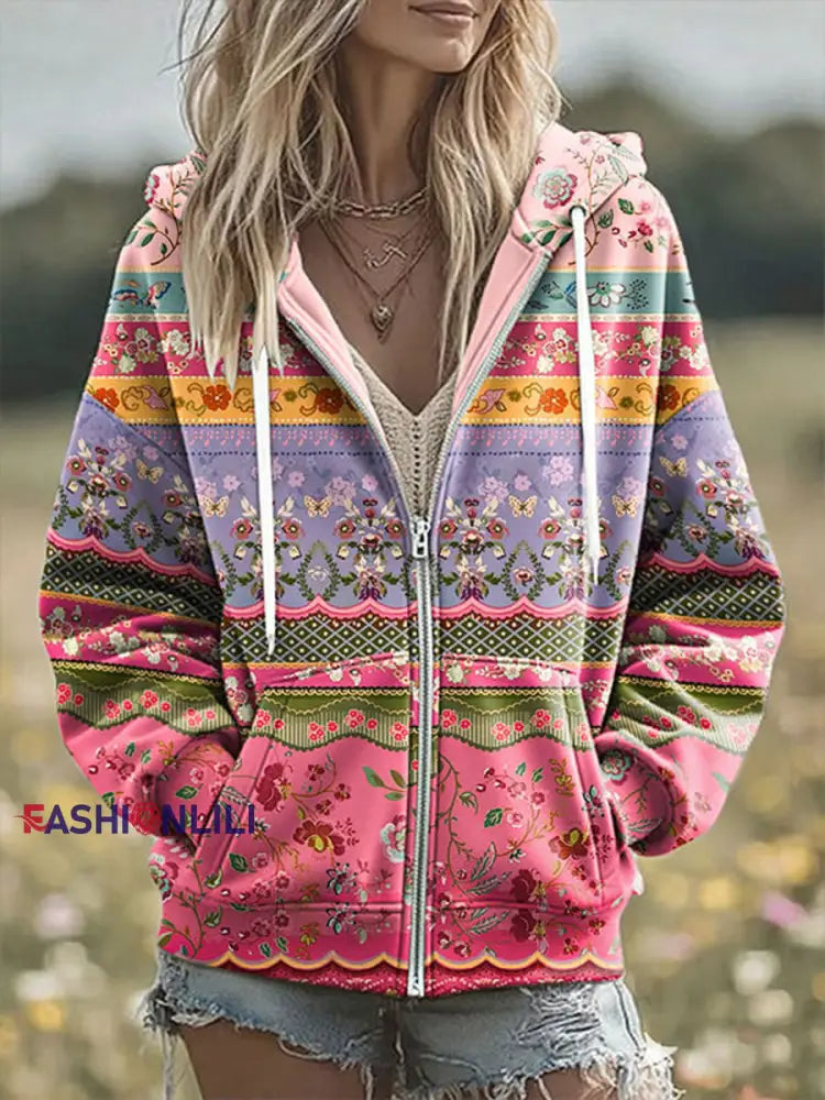 Women’s Breast Cancer Print Zip-Up Hoodie As picture / S