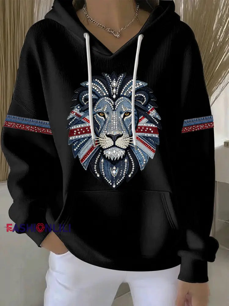 Women’s British Faux Denim Print Casual Hoodie Black / S