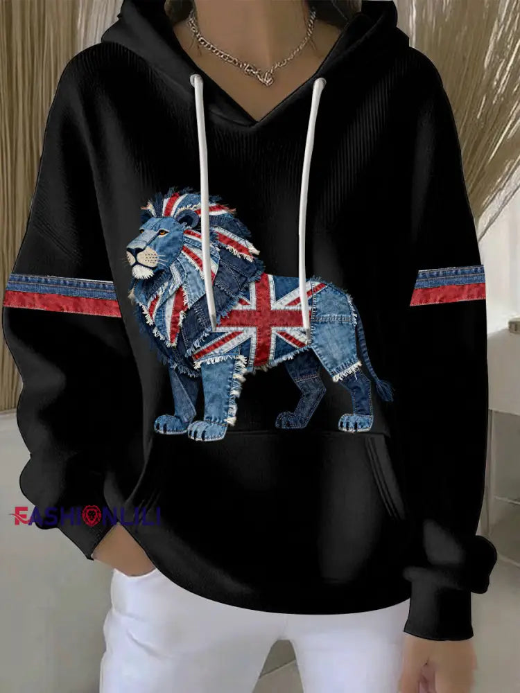 Women’s British Faux Denim Print Casual Hoodie Black / S