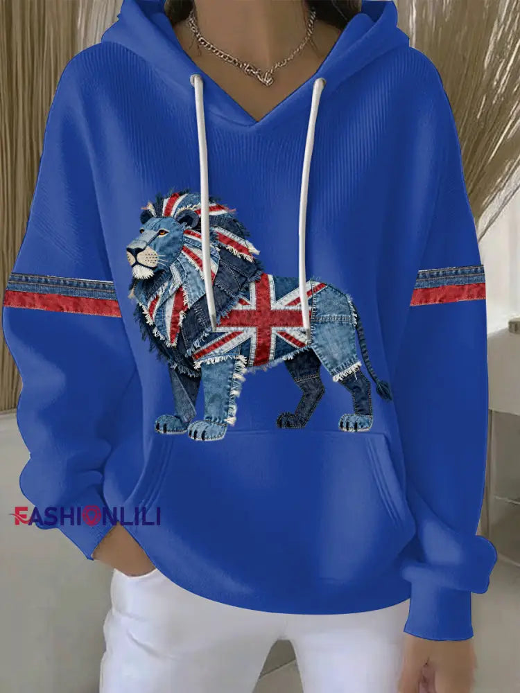 Women’s British Faux Denim Print Casual Hoodie Blue / S