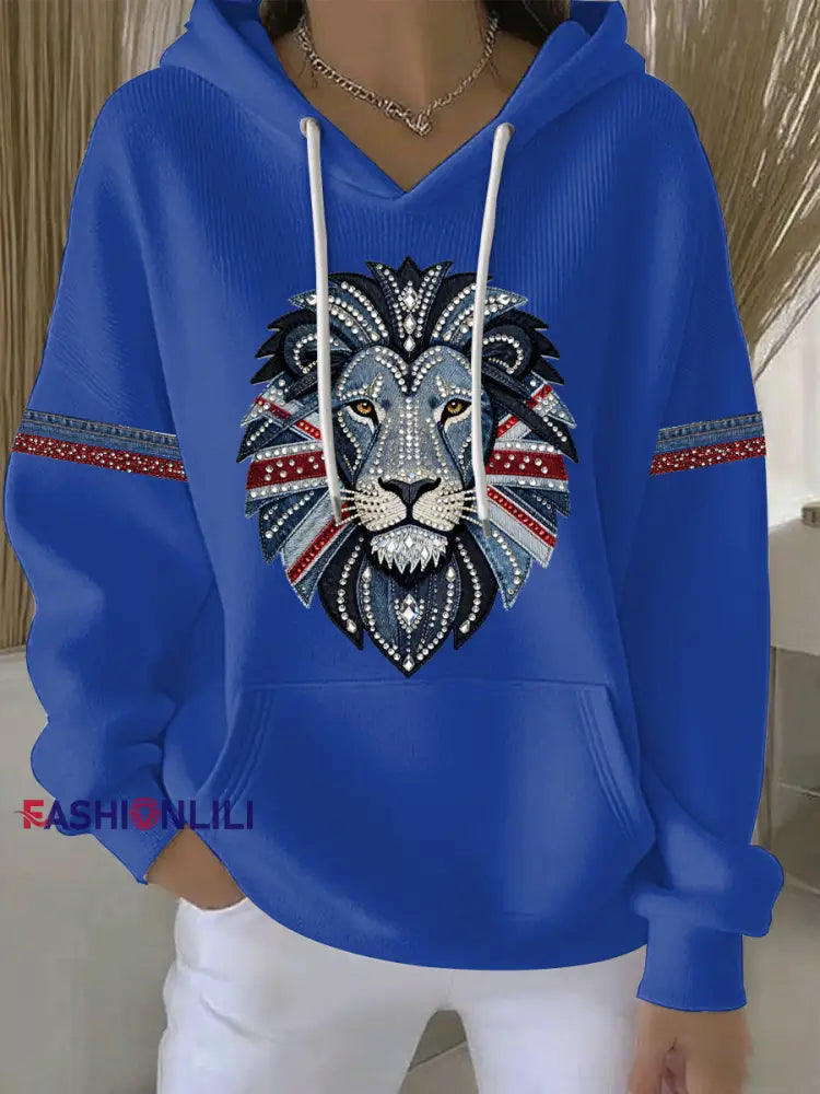 Women’s British Faux Denim Print Casual Hoodie Blue / S