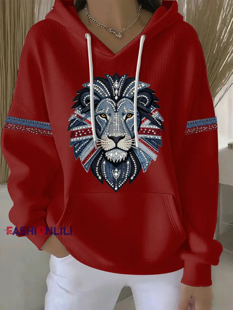 Women’s British Faux Denim Print Casual Hoodie Red / S