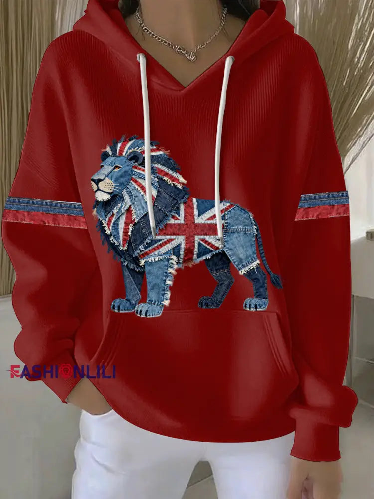 Women’s British Faux Denim Print Casual Hoodie Red / S