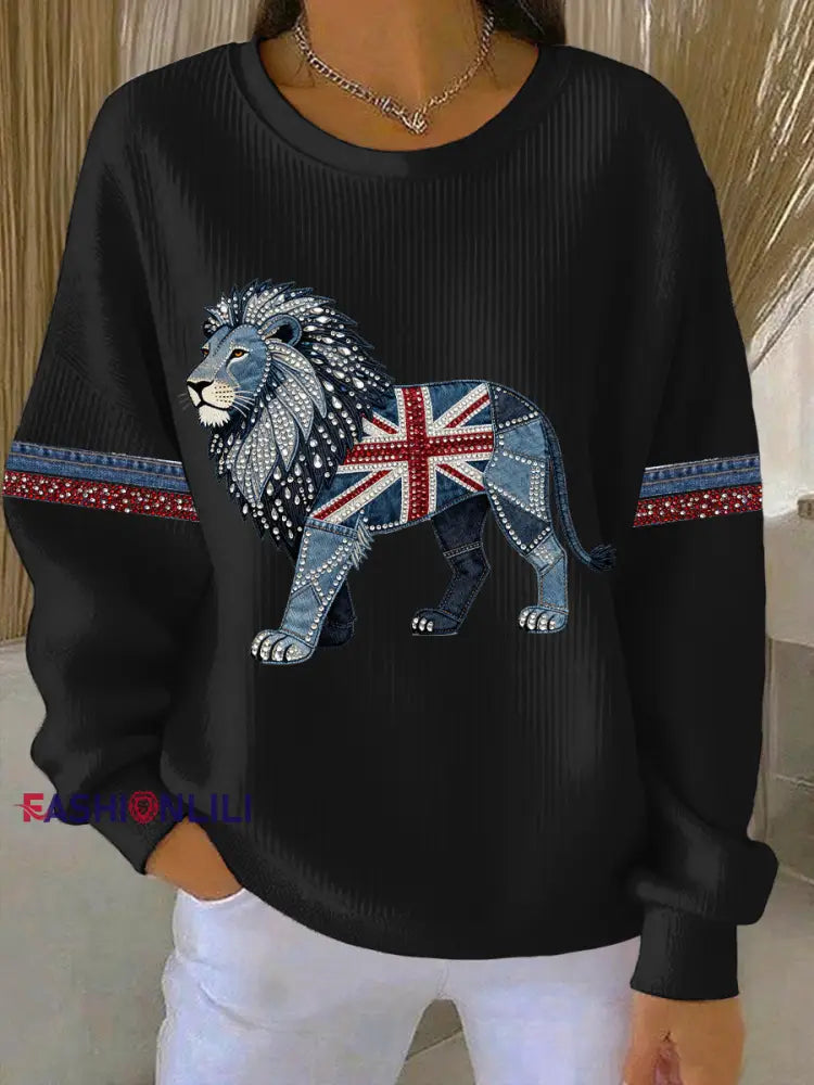Women’s British Faux Denim Print Casual Sweatshirt Black / S