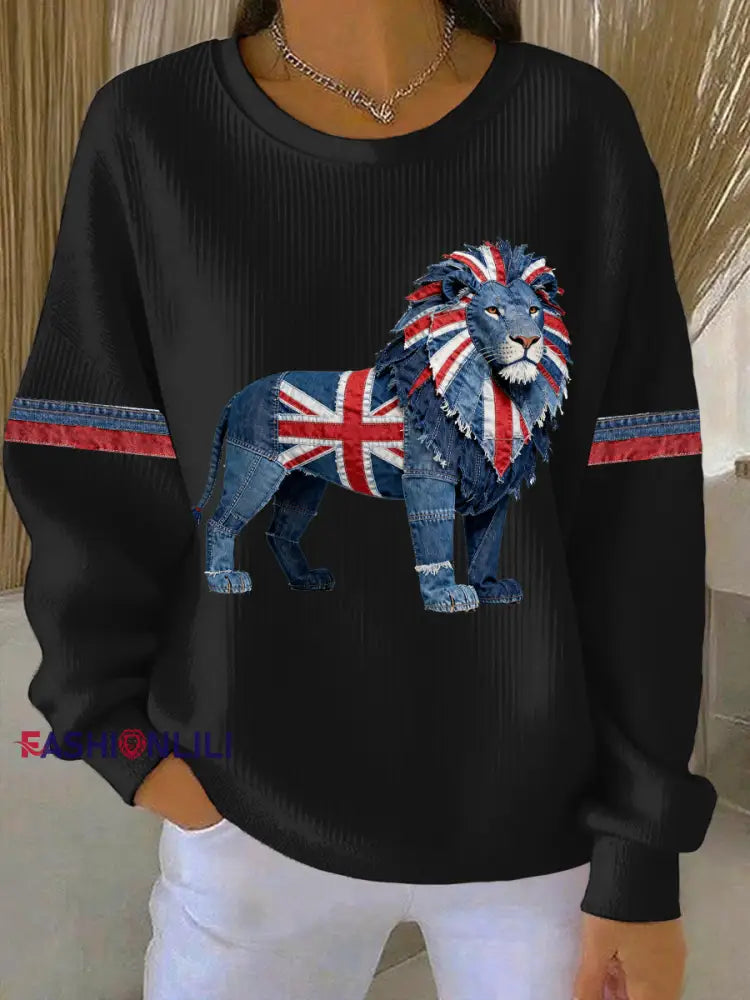 Women’s British Faux Denim Print Casual Sweatshirt Black / S
