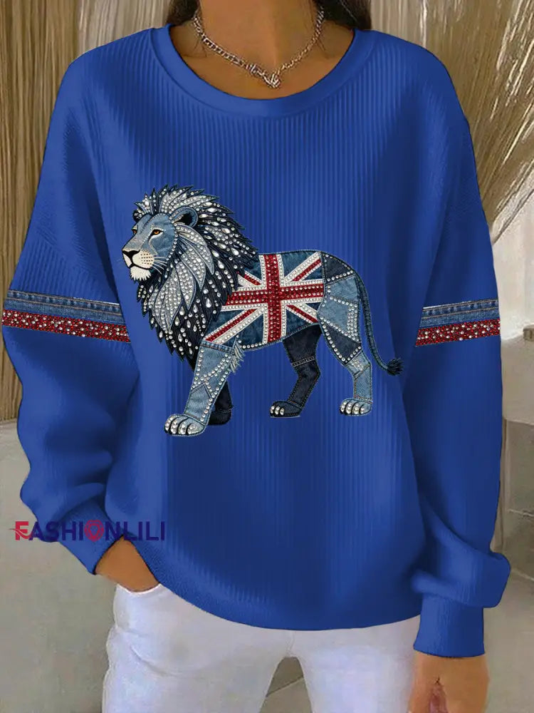 Women’s British Faux Denim Print Casual Sweatshirt Blue / S