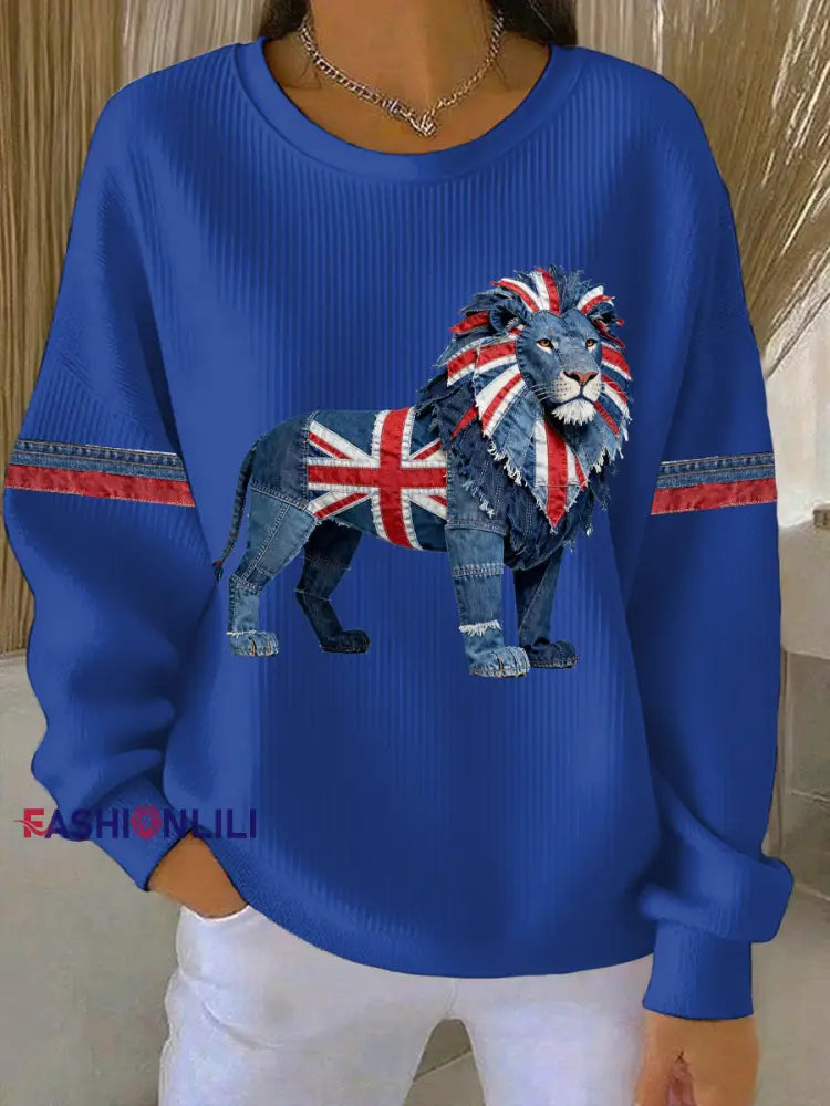 Women’s British Faux Denim Print Casual Sweatshirt Blue / S