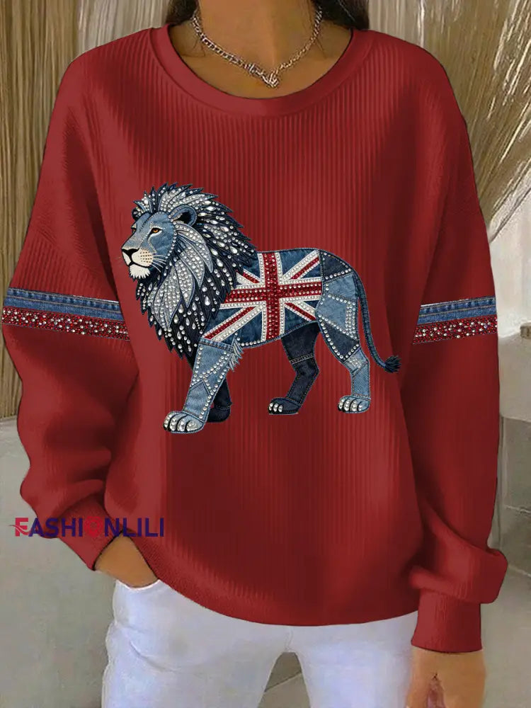 Women’s British Faux Denim Print Casual Sweatshirt Red / S