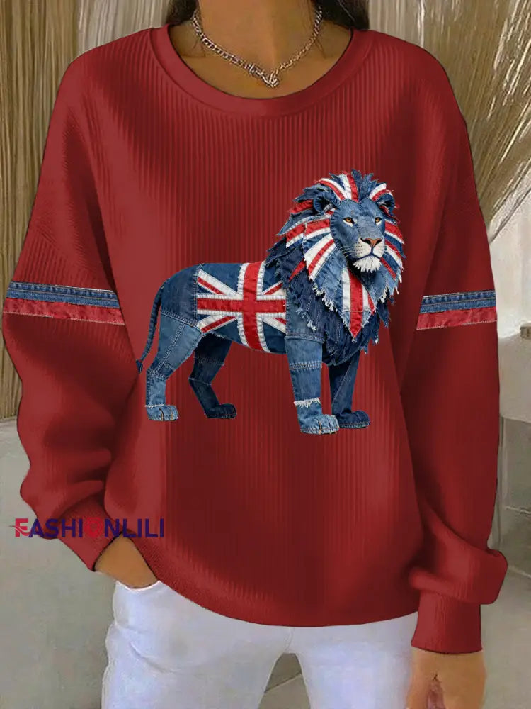 Women’s British Faux Denim Print Casual Sweatshirt Red / S