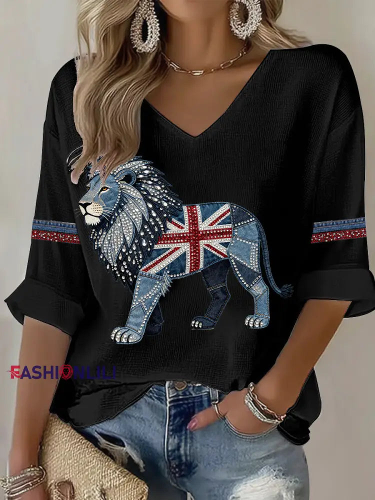 Women’s British Faux Denim Printed Casual T-shirt Black / S