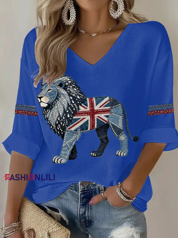Women’s British Faux Denim Printed Casual T-shirt Blue / S