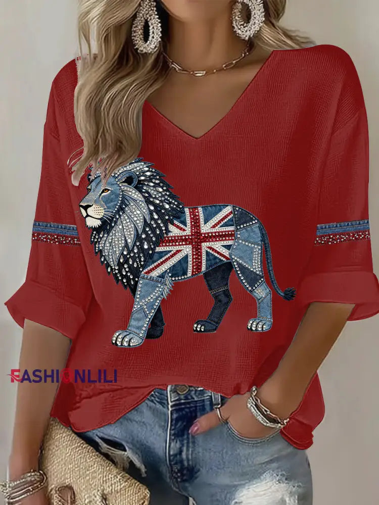 Women’s British Faux Denim Printed Casual T-shirt Red / S